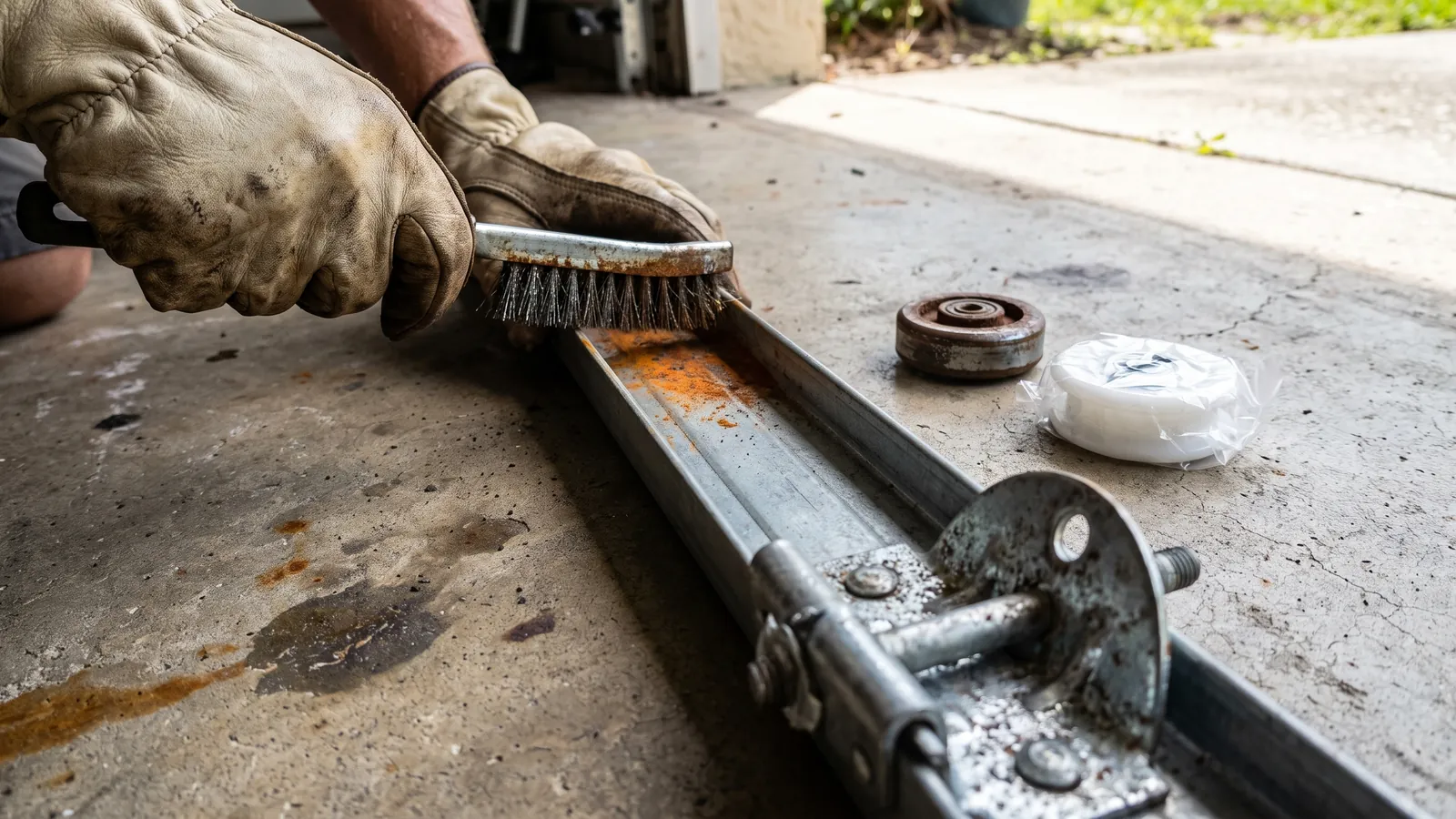 Gloved hands treating surface rust on a galvanized garage door track and replacing a worn roller, salt-pitted hardware in sharp focus