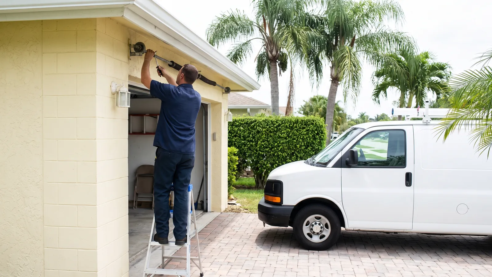 Technician checking the torsion spring above an open two-car garage door on a one-story concrete-block home in Port St. Lucie, Florida, with queen palms and a service van in the paver driveway